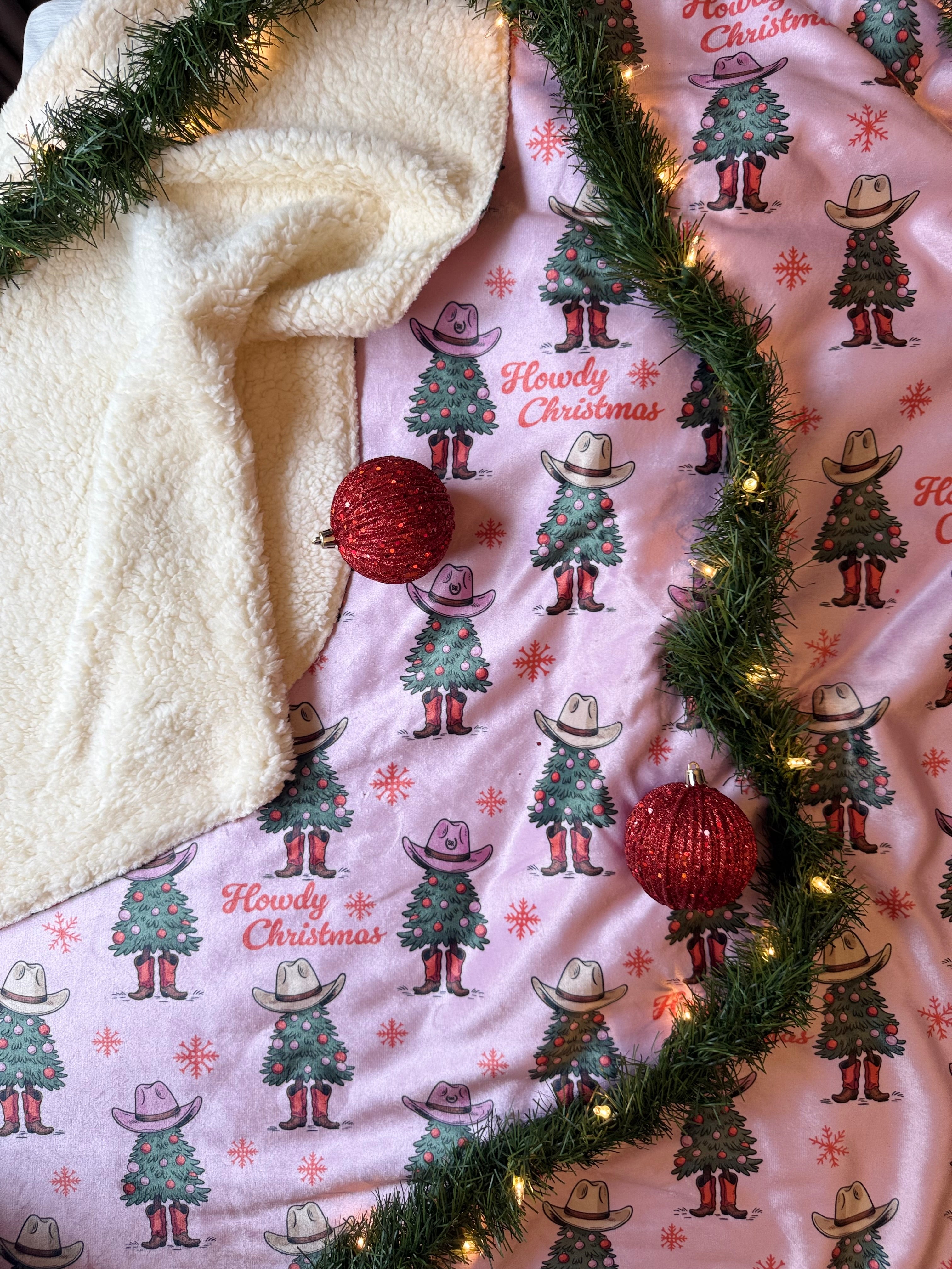 Howdy Christmas Fleece Sherpa Blanket Pink